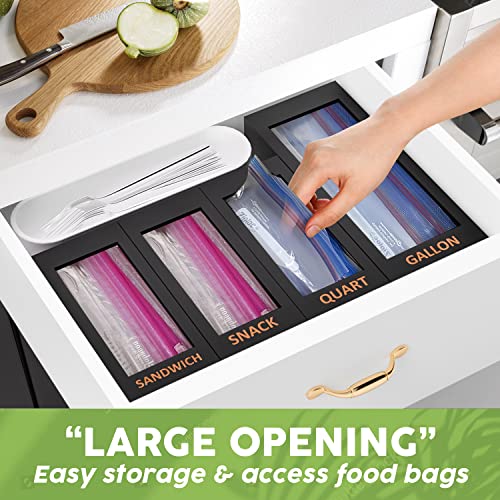 Bamboo Ziplock Bag Storage Organizer For Kitchen Drawer, 4 Separate Food Storage Bag Organizer, 12X14" Baggie Organizer Dispenser For All Brands Gallon, Snack, Sandwich & Quart Slider Bags Black #TOP3