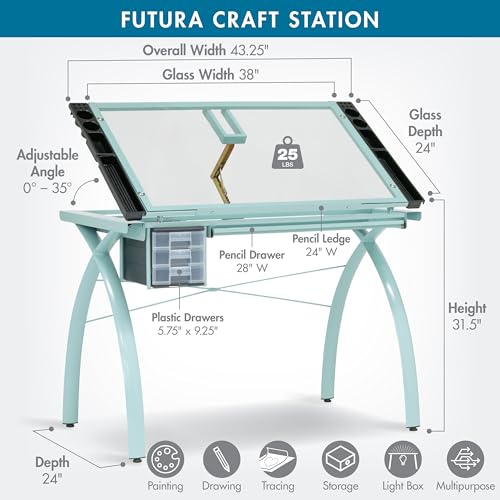 Futura Craft & Drawing Table with Adjustable Tempered Safety Glass Top – Modern Art Desk with Storage Drawers, Pencil Ledge, Glossy Sage/Clear Glass - Thumbnail 2