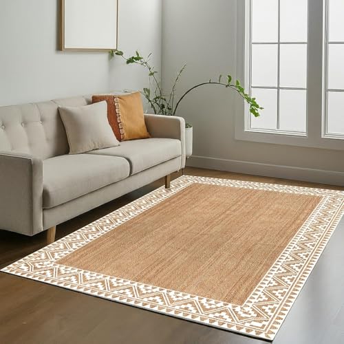 Image of voyzz home 6X9 Feet-Rectangular, Premium Natural Jute Braided Area Rug, White Printed Border & Backing, Stain Resistance, Natural Brown, Handmade Rug for Living Room, Dining Room, Bedroom, Farmhouse