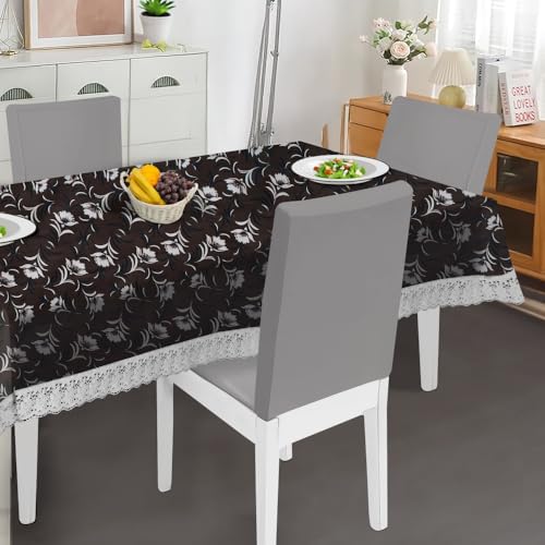 Image of The Furnishing Tree Waterproof PVC Rectangle Shaped 8 Seater Table Cover WxL 60x108 inches Floral Pattern Dark Brown with White Border lace