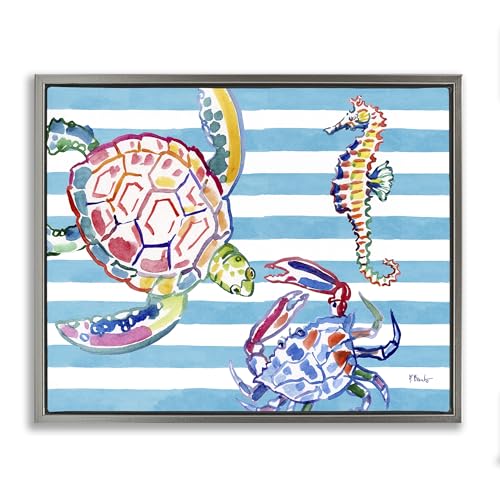 Brushed Sea Life Nautical Stripes, 17 x 21 Inch Canvas in Floater Frame