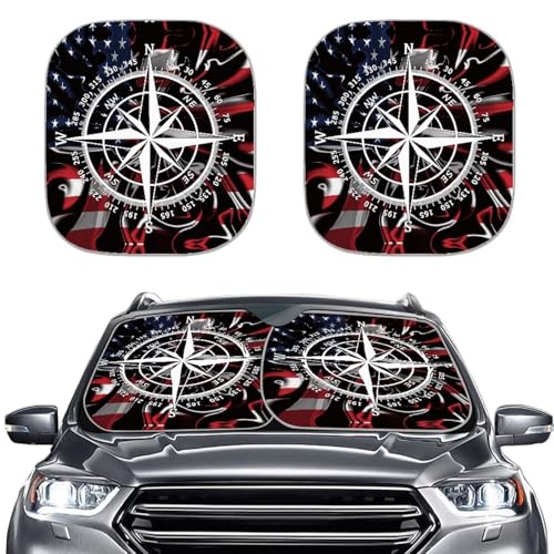 Image of Car Front Windshield Sun Shade Reflect UV Sun and Heat Compass Flag Foldable 2-Piece Car Windshield Sunshades Interior Accessories Protection Universal Vehicle Accessories