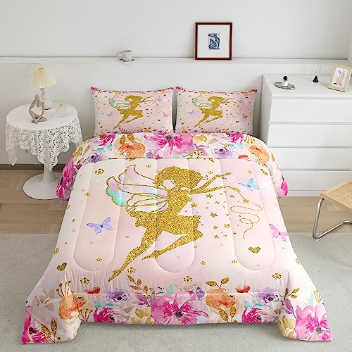 Castle Fairy Colorful Flowers Comforter Set Full Size,Magical Girl Bedding Set for Girls Women Adult Bedroom Decoration,Kids Gold Butterfly Bed Duvet Insert,Dreamy Comforter with 2 Pillowcase