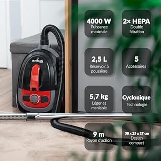 LEHMANN Aspirateur cyclonique sans Sac Typhoon 4000 Watt | avec Jeu d'accessoires | Aspirateur Puissant avec Jeu de Buses | Filtre HEPA, Brosse Turbo, Réservoir à poussière 2,5 L