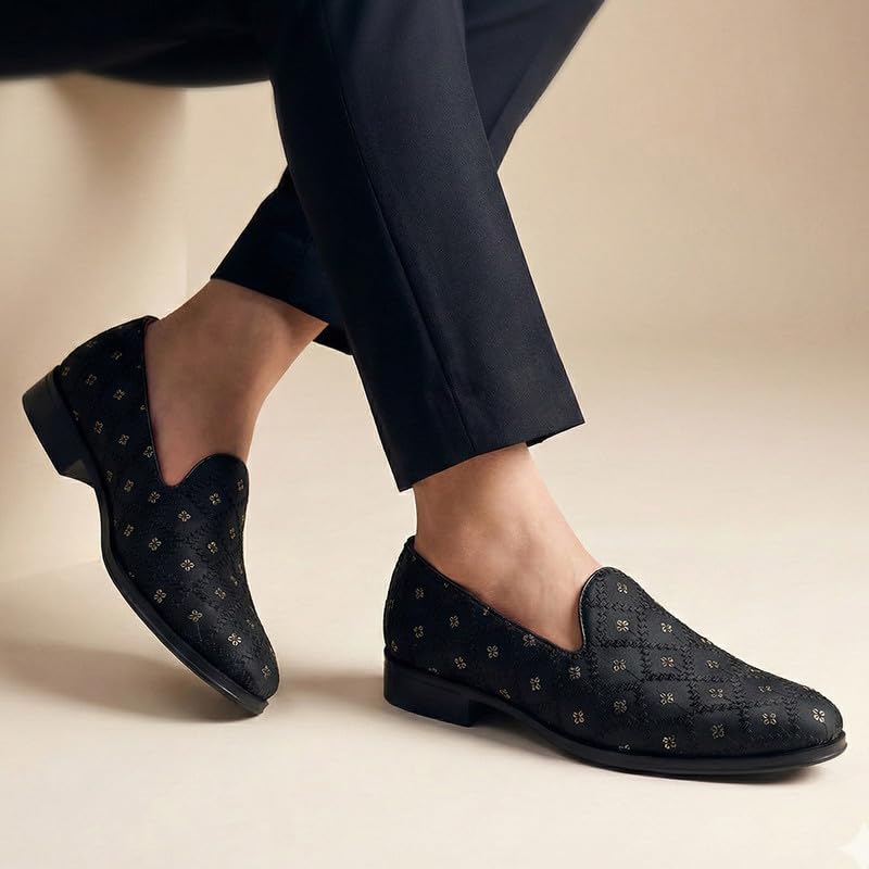 Image of FAUSTO Men Embroidered Sequin Ethnic Slip-On Juttis and Mojaris | Traditional Party Loafer Sherwani Shoes for Wedding, Reception, Cocktail and Festive Outfits