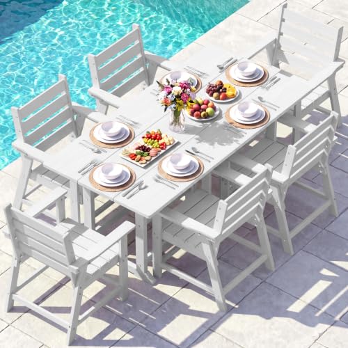 Image of 7-Piece Dining Set, HDPE Table & 6 Chairs, White | HDPE Dining Set: 69.1 inch Table + 6 Chairs, 380 lbs, 304 Stainless, All-Weather, No Rust No Crack, Outdoor Patio Garden
