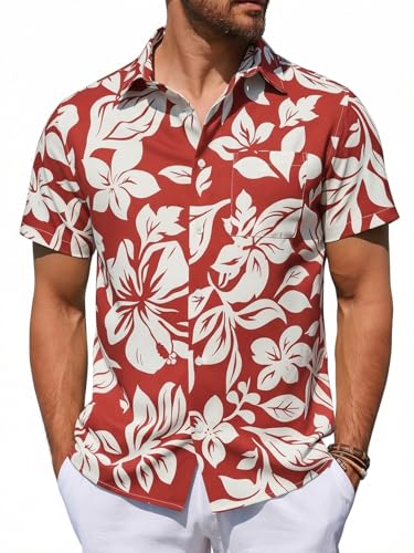 Runcati Camisa hawaiana de verano para hombre, camisa de manga corta con botones y flores, camisa de tiempo libre, tropical, playa, corte regular, camiseta de fiesta con bolsillo en el pecho, rojo, M
