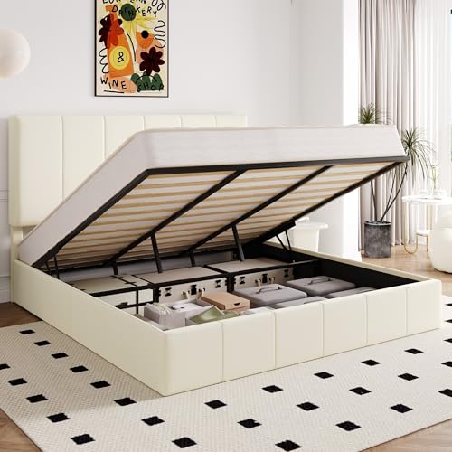 Image of Allewie King Size Velvet Lift Up Hydrualic Storage Bed Frame, Cream