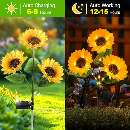 KOOPER Solar Lights Outdoor Decor - Upgraded 3 Pack Solar Garden Lights with 9 Sunflower Lights, Waterproof Solar Outdoor Lights Auto ON/Off Solar Decorative Lights for Garden, Patio, Yard