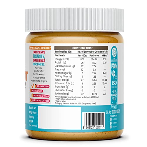 Image of Trubite Classic Peanut Butter (Creamy) (350g) | 26g Protein | Cholesterol Free | Indian Recipe | Delightful Taste (350G)