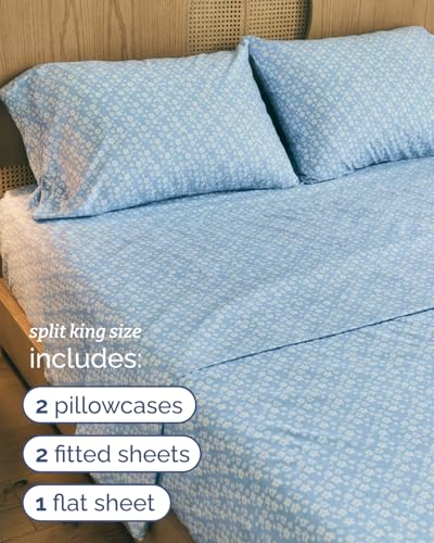 Image of Split King 5 Piece Floral Sheet Set - Breathable & Cooling - Blue Meadow | 1 Flat, 2 Fitted & 2 Pillowcases w / Deep Pockets, Boho Botanical Floral Bedding, Breathable & Cooling, Wrinkle & Fade Free