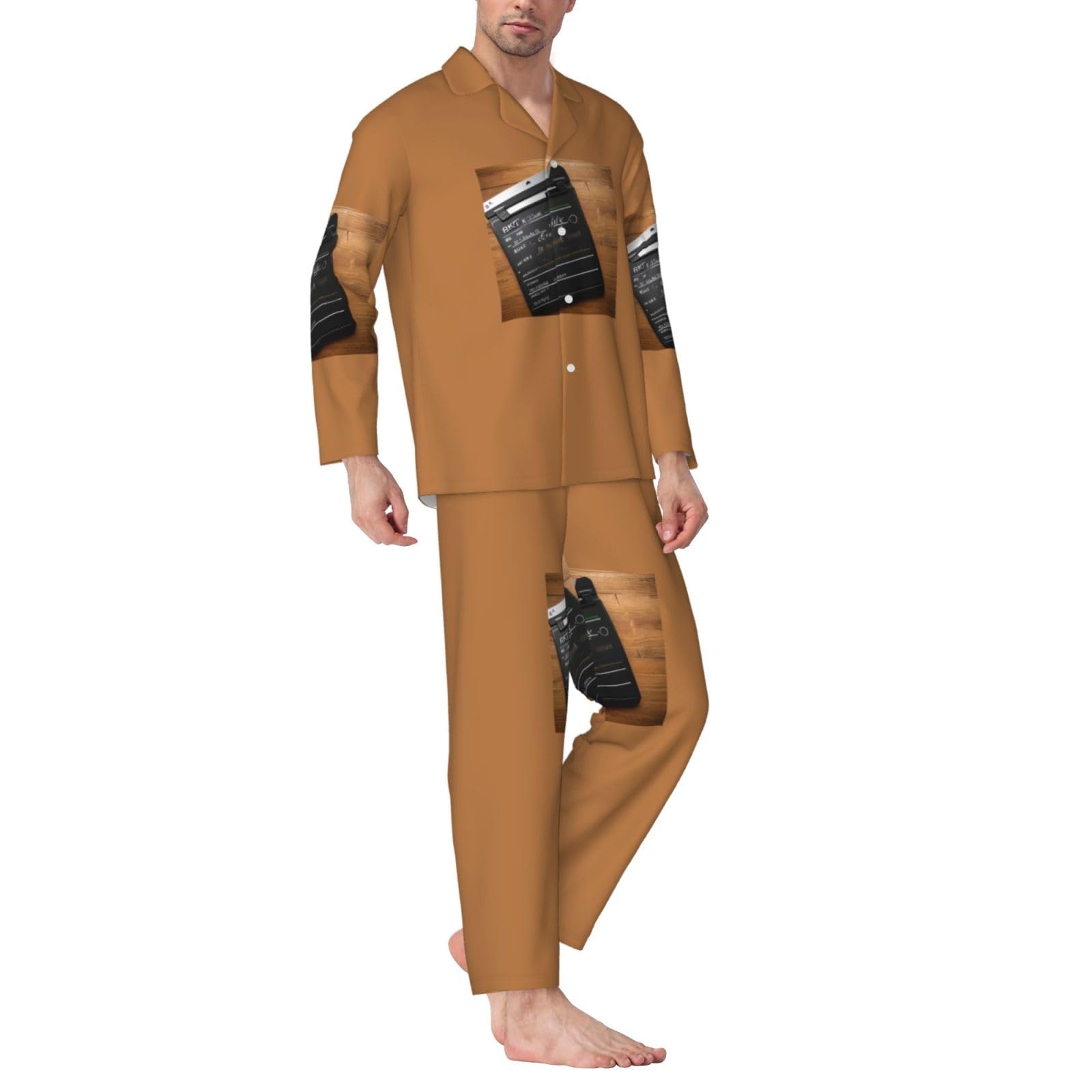 Movies Herren-Pyjama-Set mit Clapperboard-Muster, langärmelig, zweiteilig, Hauskleidung, bequeme Nachtwäsche, Nachtwäsche