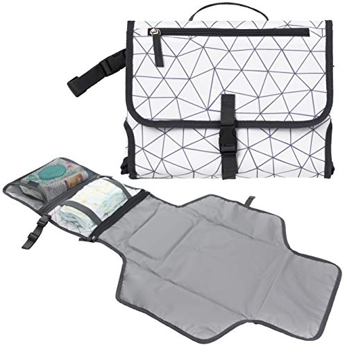 Image of Baby Portable Diaper Changing Pad, Waterproof Travel Changing Mat Station | Built-in Padded Head Rest, Includes Mesh Pockets for Diapers and Wipes, and Adjustable Strap for Strollers