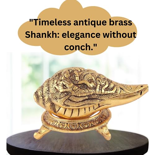 Image of Kalakriti Lord Vishnu Laxmiji and SheshNaag Carving Antique Brass Finish Gold Plated Shankh Showpiece with Stand| Conch for Temple| Vastu Decorative Items Sankh for Home |Religious Diwali Gift 1 pc