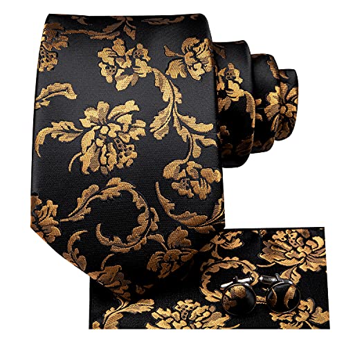 Dubulle Mens Black And Gold Floral Ties Set Silk Woven Black Neckties Handekrchief Cufflinks For Men #TOP1