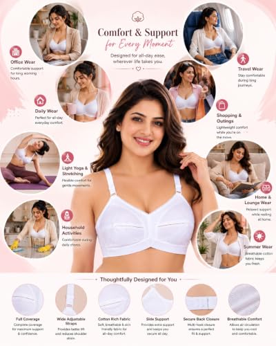 Image of SONA Women's Cotton Full Coverage Wire Free Non Padded Elastic Straps Bra | Breathable Fabric Pure Cotton Adjustable Straps Perfect Fit All-Day Wear