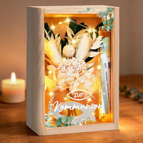 Kommunion Geschenke für Mädchen Junge,Geldgeschenke Verpackung Kommunion/Erstkommunion,inklusive Holzbox+Trockenblumen+LED Lichterkette+Reagenzglas+Fish Holz+Karte
