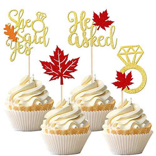 24 Pcs He Asked She Said Yes Cupcake Toppers Glitter Maple Leaves Diamond Ring Bridal Shower Cupcake Picks For Wedding Engagement Fall Harvest Thanksgiving Party Cake Decorations Supplies #TOP7