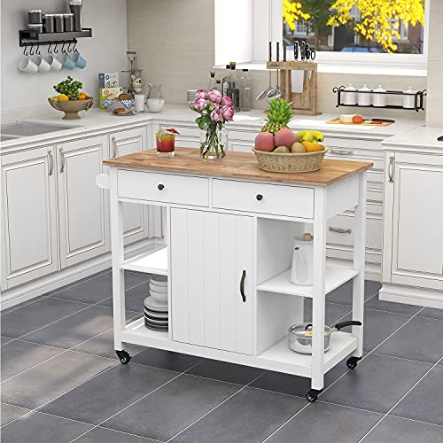 Choochoo Kitchen Cart On Wheels With Wood Top, Utility Wood Kitchen Islands With Storage And Drawers, Easy Assembly - White #TOP1