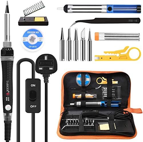 Soldering Iron Kit, Tabiger 60W Welding Tools with Adjustable Temp 200-450°C and ON/Off Switch, 5 Soldering Tips, Desoldering Pump, Solder Wire, Wire Stripper Cutter, Stand, Tool Case