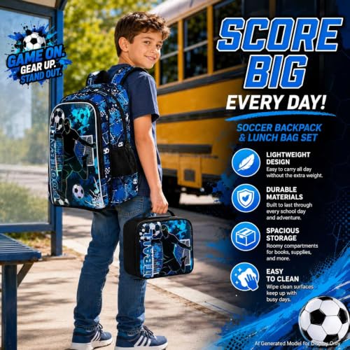 Image of gxtvo 3PCS Boys Soccer Backpack, 17 inch Kids Football Bookbag with Lunch Box, Water Resistant Middle Elementary Preschool School Bag