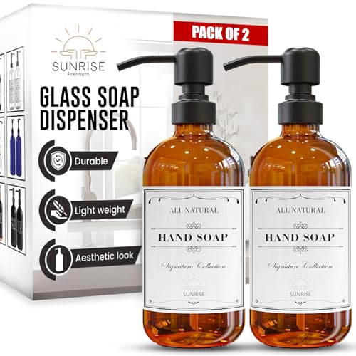 Image of Sunrise Premium 2 Pack Amber Glass Soap Dispenser 16 OZ with Matte Black Stainless Steel Pump, Hand and Dish Soap Dispenser Set for Bathroom and Kitchen Sink with 6 Waterproof Labels