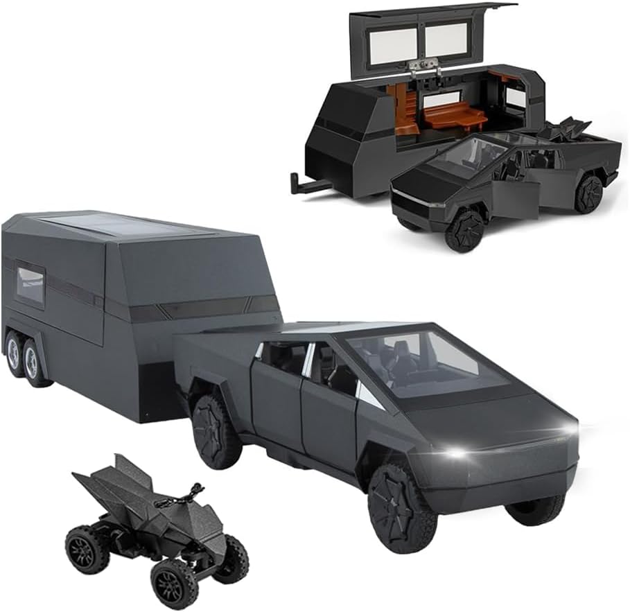 Pickup Trailer RV Model Toy Truck with Beach Motorcycle, Metal Diecast Pick-Up Truck Toy Car Vehicles with Sound/Light/Pull Back Power, Gifts for Kids/Adults Birthdays (1/32 Grey Trailer RV Kit)