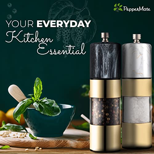 Peppermate Salt and Pepper Grinder Set - Easily Refillable Stainless Steel Pepper Mill Grinder with Real Marble Finish Top, Ceramic Blades, Adjustable Coarseness (Dark and White Set)