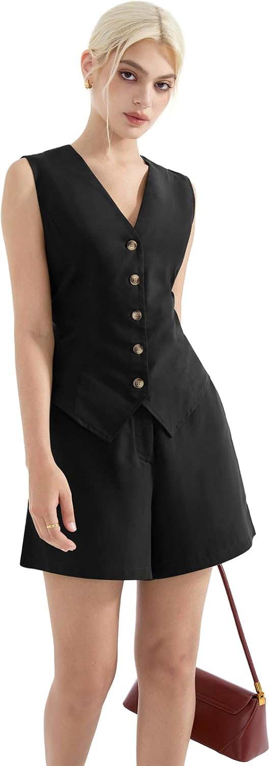 SUUKSESS Women's Summer 2 Piece Sets Button Down V Neck Vest Waistcoat and Pockets Shorts Sets - Image 2