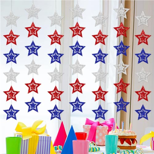 Image of 36 Pcs 4th of July Glitter Star Garland - No DIY Needed, Red White Blue Hanging String Decorations for Independence Day, Memorial Day, Patriotic Party, Veterans Day, USA Themed Party Decorations