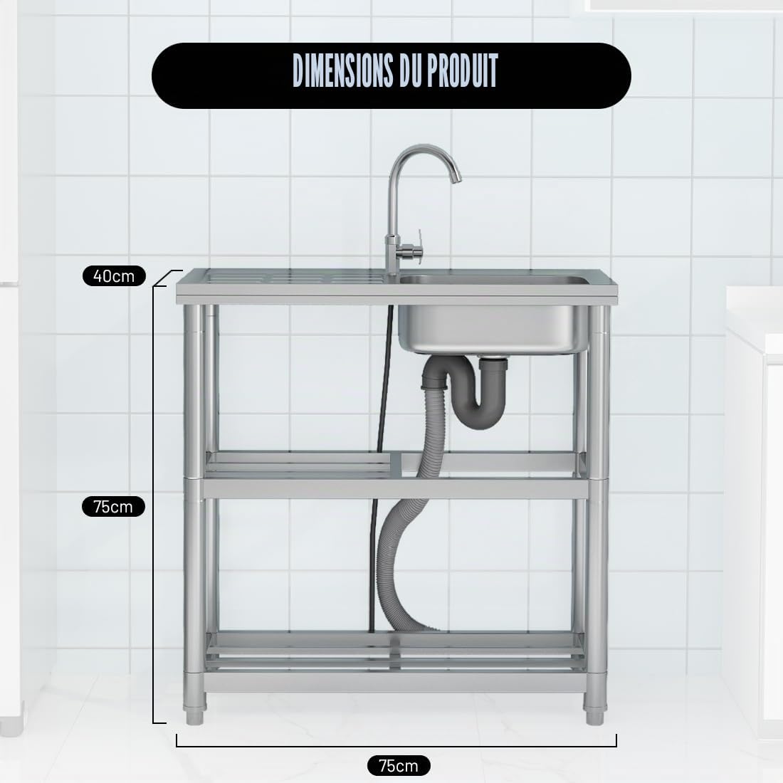 Évier autoportant, en acier inoxydable, avec robinet, évier de cuisine avec étagères, lavabo multifonction avec tuyau d'eau, lavabo utilitaire pour buanderie, jardin, restaurant, garage
