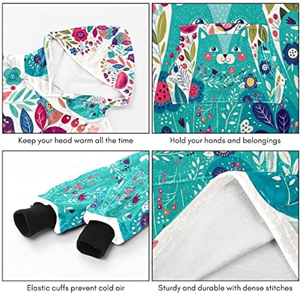 Draagbare deken Hoodie,Oversized Hooded Deken Sweatshirt, Kitty Omringd door Vogels Bloemen Lieveheersbeestjes, Meerkleurig, One Size