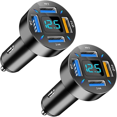 Cargador de coche USB de 4 puertos, carga súper rápida de 66 W con QC 3.0, PD 20 W y adaptador de cargador USB 2.4A, carga rápida con voltímetro
