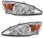 AS Headlight Assembly Compatible with 2002 2003 2004 TOYOTA CAMRY Chrome Housing Amber Reflector Clear Lens Driver and Passenger Side Pair Not Fit Solora Models