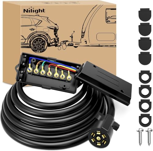 Nilight Heavy Duty 7 Way Inline Trailer Plug with 7 Gang Weatherproof Junction Box - 12 Feet Connector Cable Wiring Harness Suitable for RV Automotives Cars (Pack of 5)