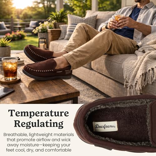 Image of Dearfoams Men's Keaton Moccasin House Shoes With Memory Foam, Indoor Slippers With Wide Widths