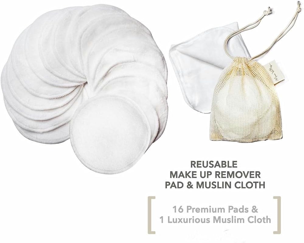 16 Organic Reusable Makeup Remover Pads, FREE 1 Cleansing Muslin Cloth and Laundry Bag, Machine Washable. Eco-Friendly Products & Zero Waste