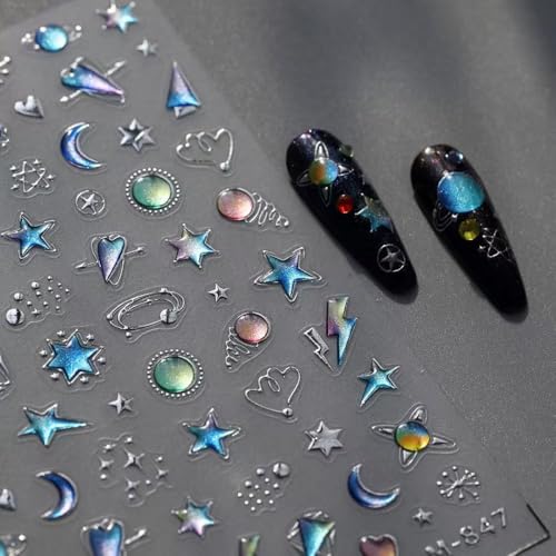 Image of 5D Embossed Star Nail Art Stickers Crystal Soft Glue Nail Stickers Blue Ombre Designs Nail Decals Supplies Self Adhesive DIY Manicure Acrylic Decoration Accessories