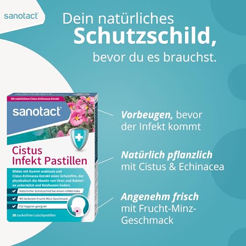 sanotact Cistus Infekt Pastillen (30 Lutschpastillen) • Cistus-Echinacea-Extrakt + Gummi arabicum • Zur Unterstützung der Abwehr von Viren & Bakterien • Lindern Reizhusten