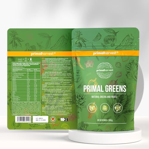 Primal Harvest Super Greens Pulver mit 27 Pflanzenstoffen, inkl. Spirulina & Weizengras, 30 Portionen (1 Bag, ursprünglicher Geschmack)