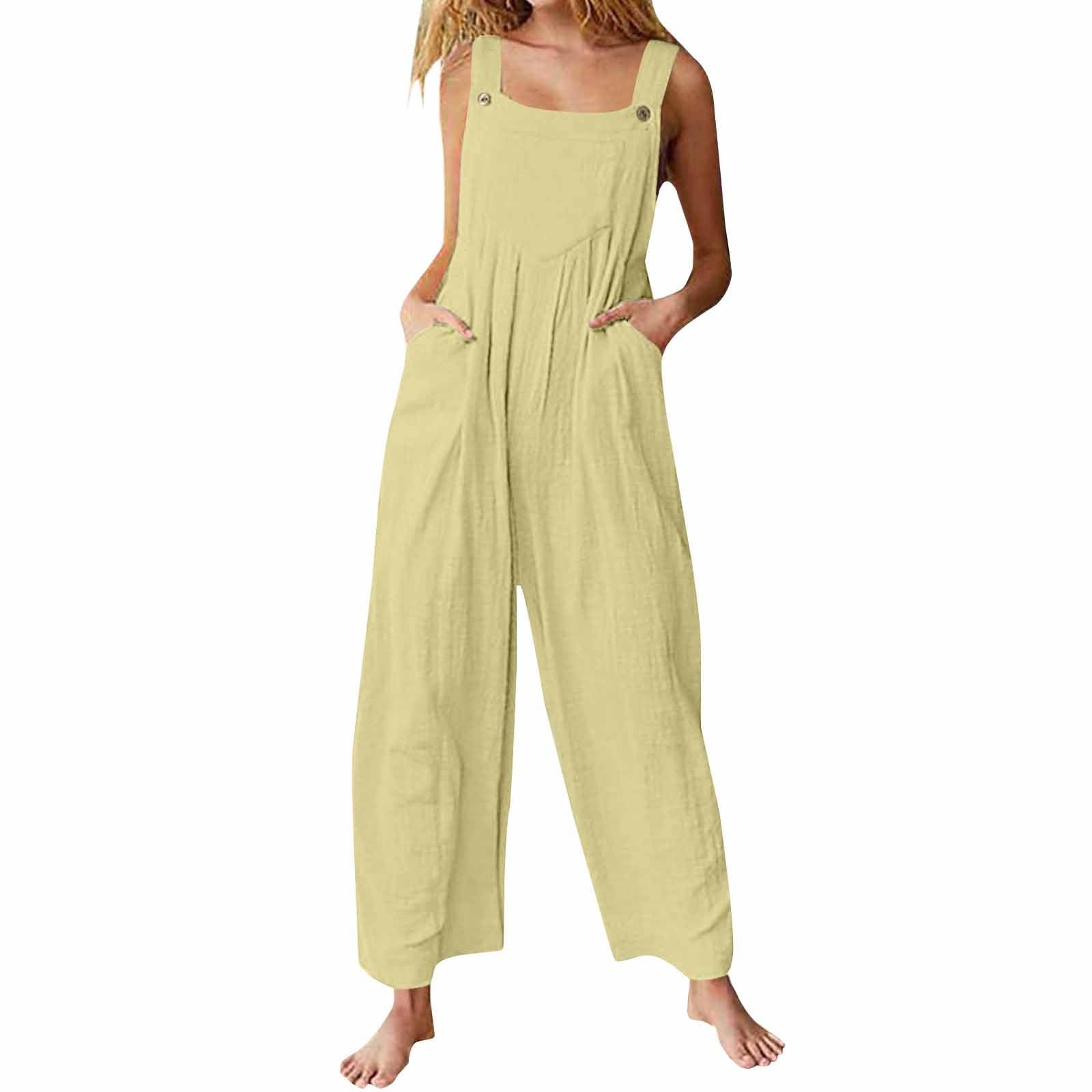 Salopette d'été légère pour femme - Combinaison d'été ample en lin - Pantalon sportif - Salopette de travail sans manches avec poches - Une pièce - Couleur unie - Confortable - Pantalon en