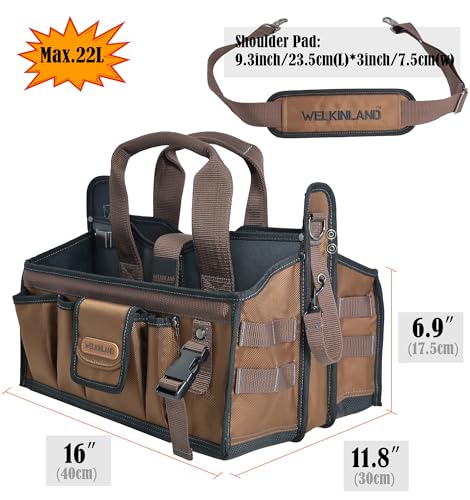 Image of WELKINLAND 20-Pockets Tool Tote Bag,16 inch Brown Open-Top Electrician Tool Bag