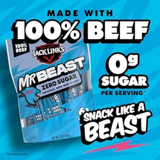 Jack Link’s x MrBeast Beef Sticks, Zero Sugar Mini Beef Sticks, As Seen on Beast Games, 6g Protein, Made with 100% Real Beef, Pantry-Ready Snacks, 12 Count