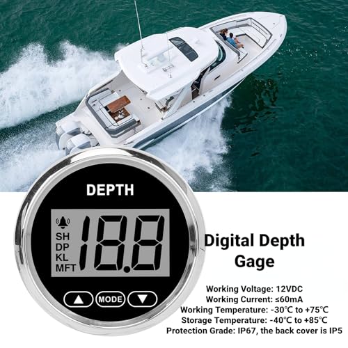 Image of Digital Boat Depth Finder, 52mm /2in Marine Depth Gauge, Depth Sounder Dash Depth Finder Transducer with White Backlight for Yachts Boats Marine