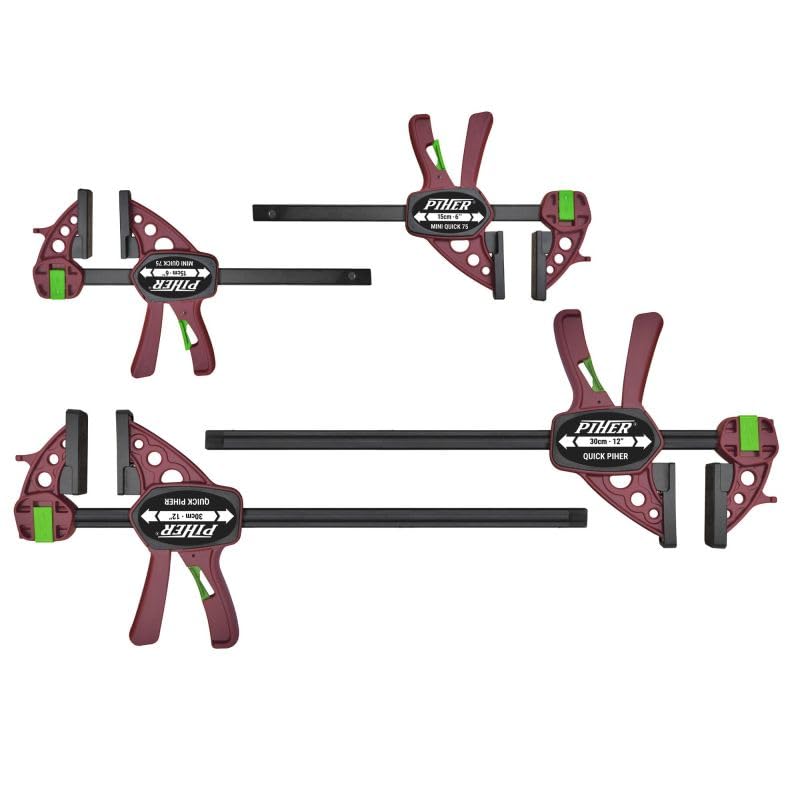 Piher Einhandzwingen Set 4-tlg. – 2x Mini Quick 15 cm + 2x Mini Quick 30 cm – Schraubzwingen & Spreizzwingen mit 75 kg Spannkraft – Schnellspannzwingen für Holz, Werkstatt, Montage & DIY