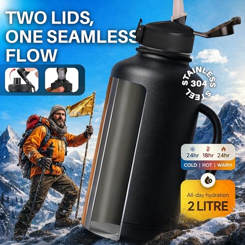 Image of AquaFlo 2 Litre Stainless Steel Bottle with 2 Lids, 24HR Hot & Cold Insulated Water Bottle 2 Litre, 2 LTR Gym Sipper Bottles with Straw, 2L Thermo Flask Steel Sipper Water Bottles for Adults (Black)