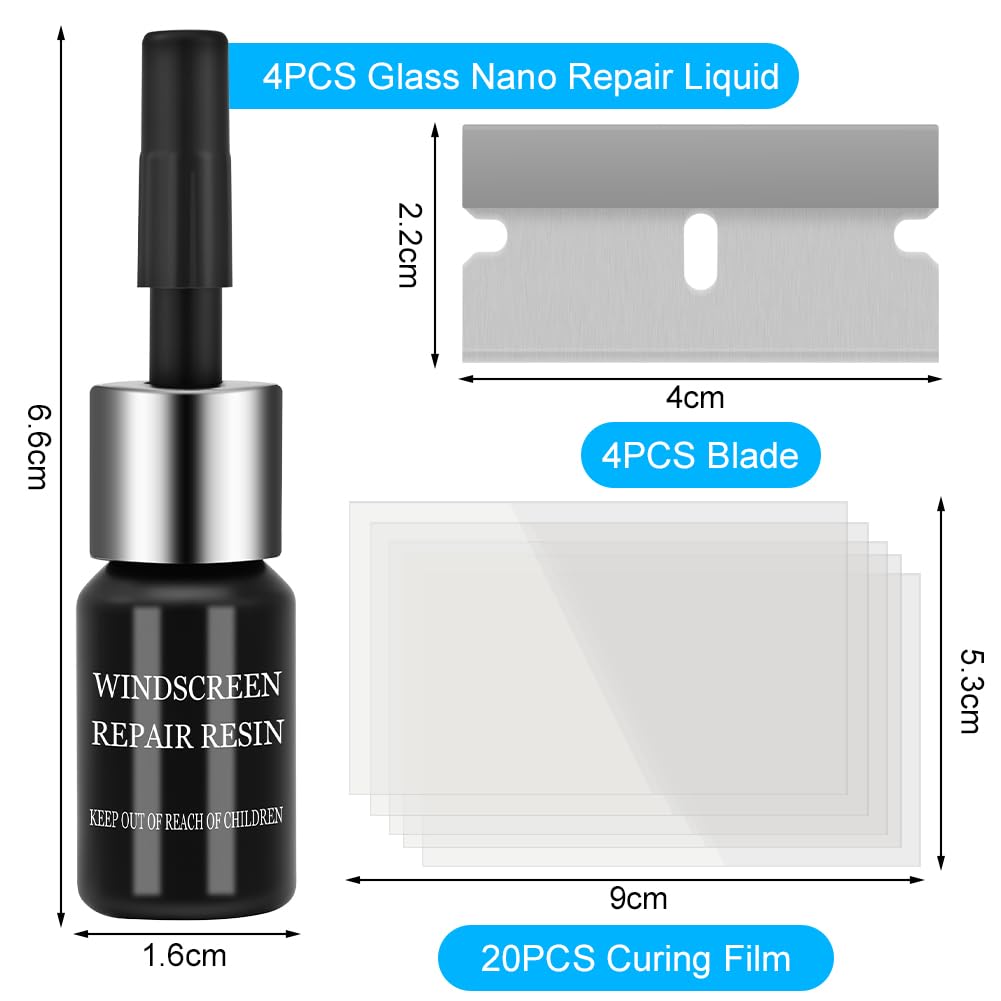 flintronic Kit Riparazione Parabrezza Auto, 4 Pezzi Liquido Riparazione Vetri Auto, Kit di Strumenti di Riparazione Parabrezza, per Riparare Le Incrinature, Scheggiature, Fessure e Graffi