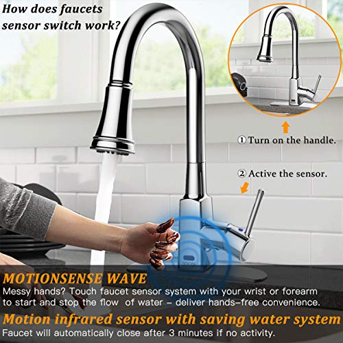 Touchless Kitchen Faucet,Soosi Motion Sensor Single Handle Automatic Kitchen Faucets One/3 Hole 3-Function Kitchen Faucets With Pull Down Sprayer Spot Free Polished Chrome Solid Brass Stainless Steel #TOP1