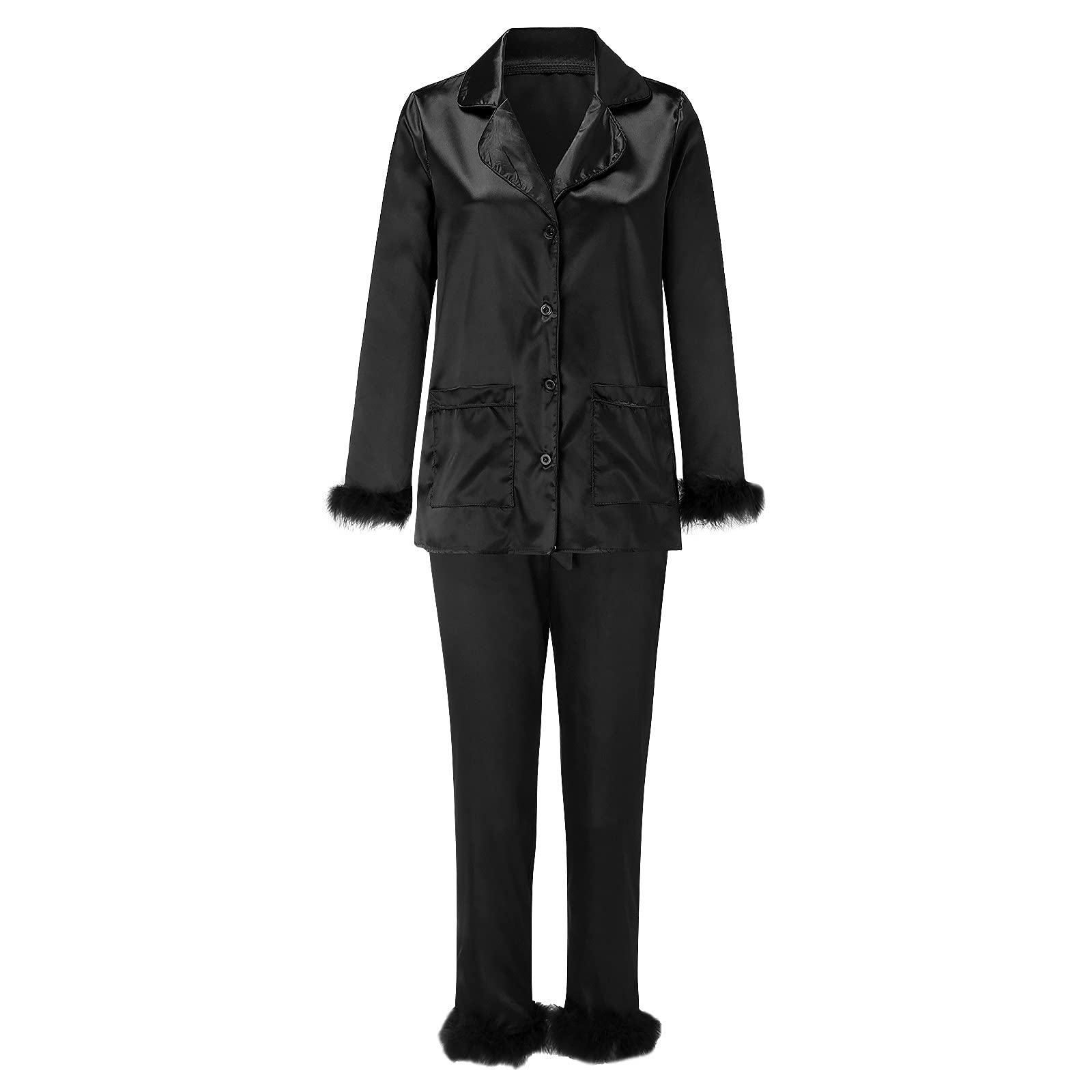 Pijama de algodón de color sólido para mujer, para invierno, otoño, casual, solapa, botones, satén con plumas, cómodo, atractivo, ropa de descanso, suave, cómodo, súper suave, conjunto de pijama de