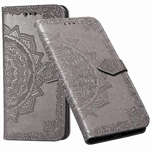 Preisvergleich Produktbild Laybomo Hülle für Realme 5 Pro Schale Ledertasche Schutzhülle Blumenprägung mit Kartensteckplatz Brieftasche Magnetisch Stehen Weiches TPU Silikon Cover Handyhülle Realme 5 Pro, Grau